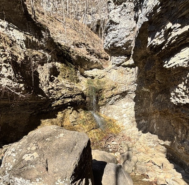 Underground water emerging and falling down a rock structure on the Lost Valley Trail.