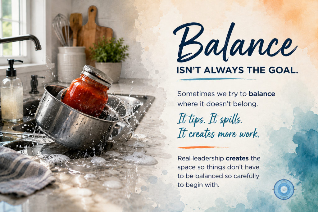 Image of a pot with a jar of sauce tipping into the sink with the title Balance isn't always the goal and the words: Sometimes we try to balance where it doesn't belong. It tips. It spills. It creates more work. Real leadership creates the space so things don't have to be balanced so carefully to begin with.