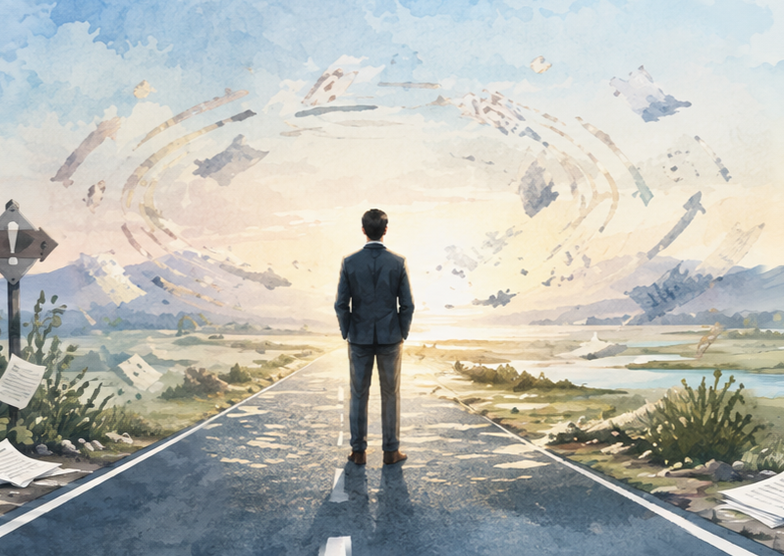 man standing in the middle of the road with a light whirlwind of papers, but a mostly clear view of the path ahead