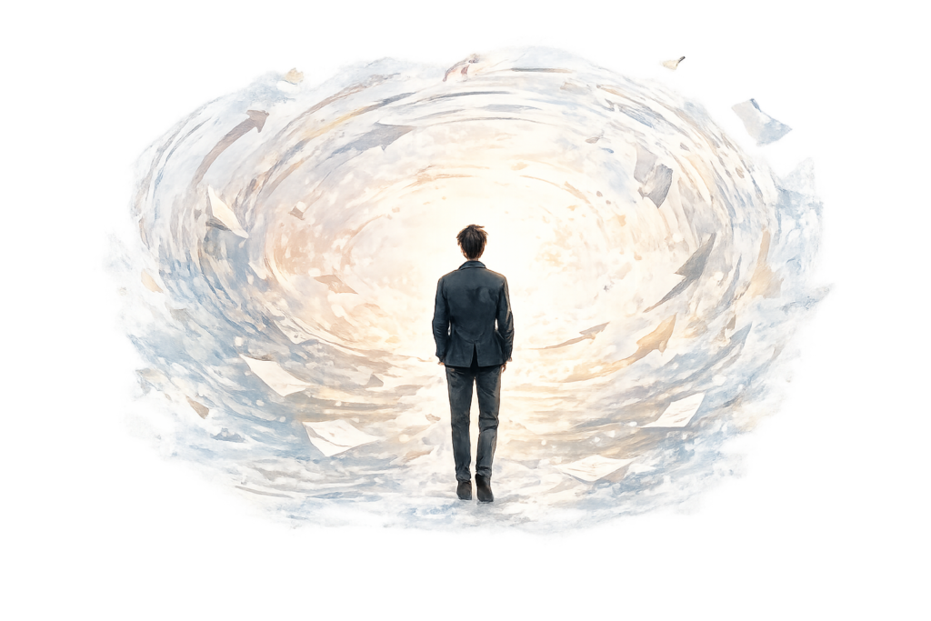 man standing in a whirlwind of circling lights, arrows and papers